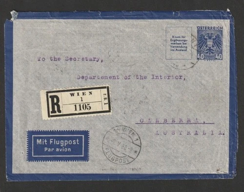 40 g Flugpost Ganzsache Reno Wien Athen Canberra Mai 1938