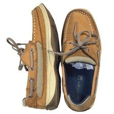 Sperry Top-Sider Lanyard Boys Boat Shoes Tan Leather Mesh 1M YB46122A EUC