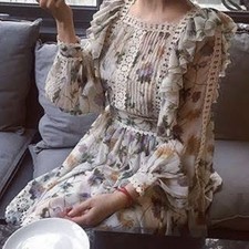 Zimmermann Rife Dandelion Silk Dress Size 1 AU 10 US 6 Lace Floral Long Sleeves