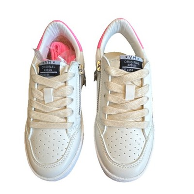 VH Girls' White Pink Sneakers Animal Print Star Accents Lace Up Zip Rubber Sole