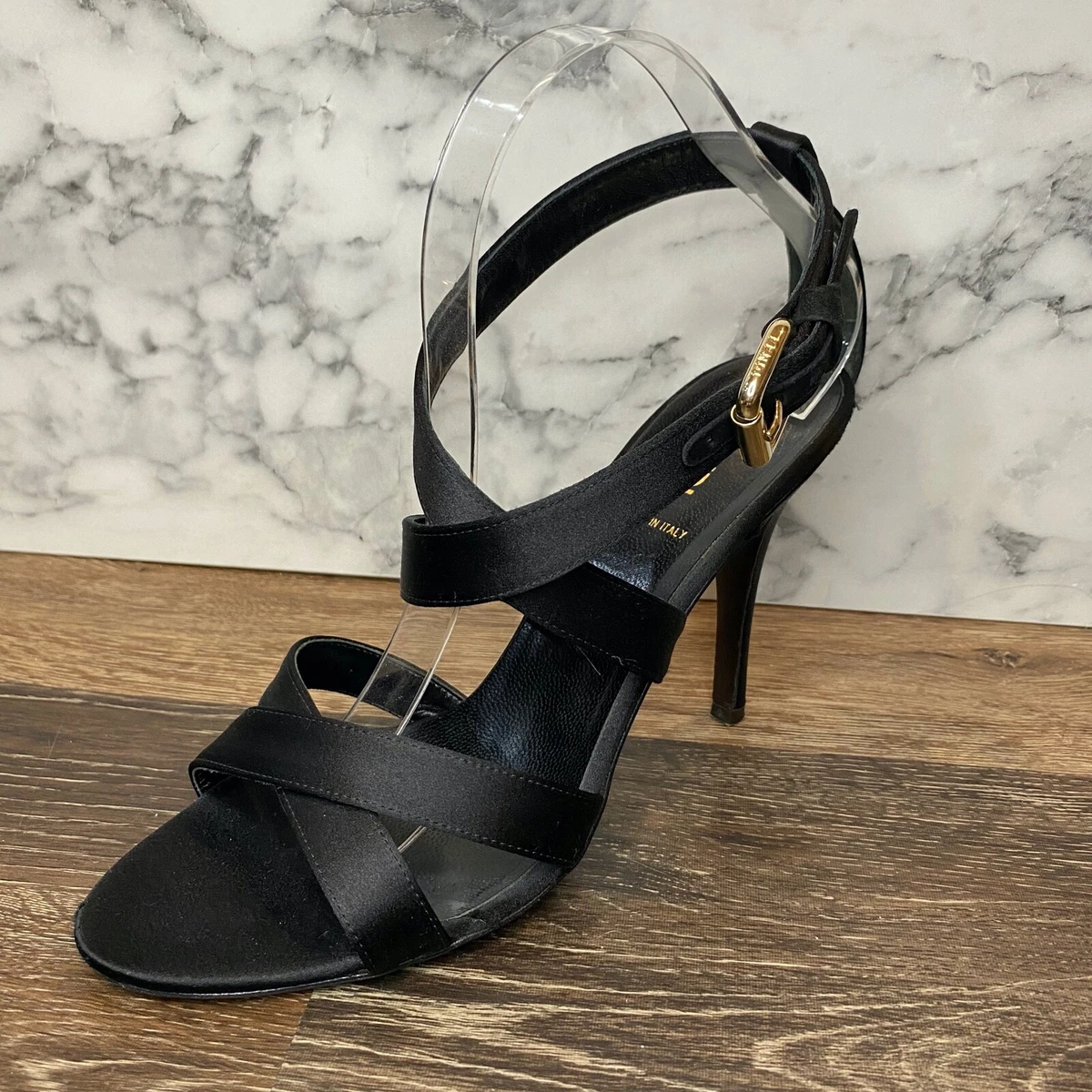 FENDI Black Satin Strappy Criss Cross Open Toe Sandal Heels IT