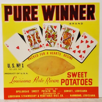 Vintage! MCM Produce Label RARE Pure Winner Sweet Potatoes LA Poker Cards  Decor | eBay