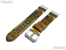Green Yellow Embossed Leather Band for 20mm-26mm Watches Quick Release Adapters