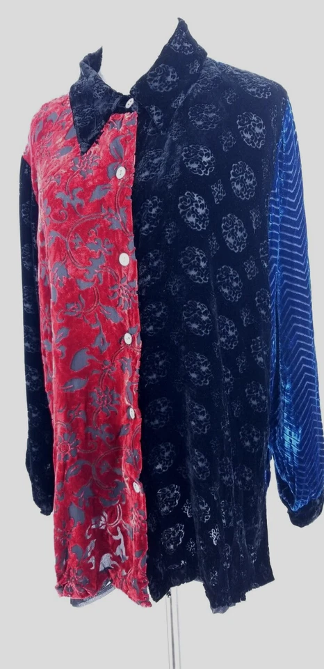 Koos por supuesto! Blusa Larga Multi Terciopelo Patchwork Burn Out Botón Frontal Talla 1X Foto 4 de 4