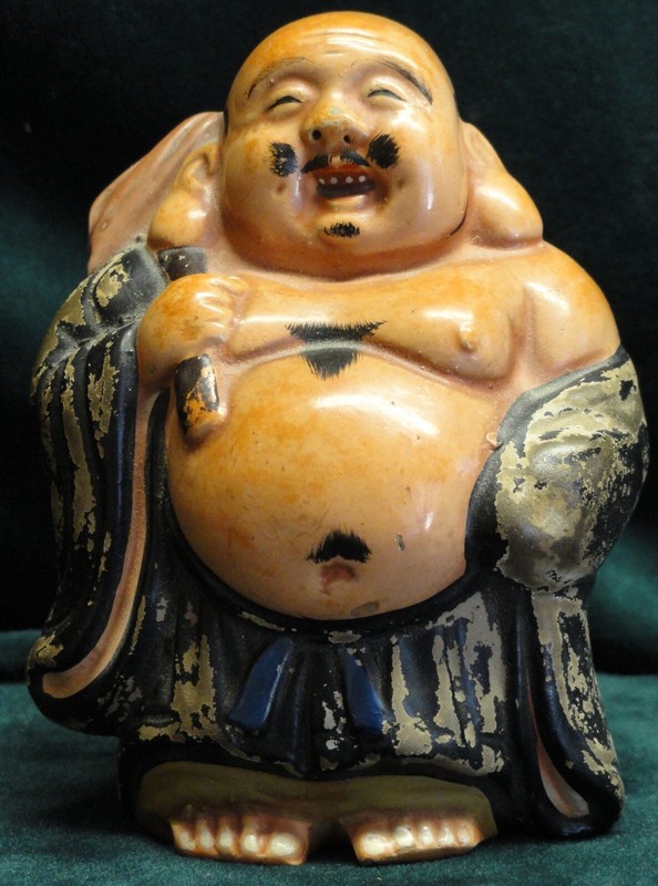 Antique 1920s Japanese Standing Buddha Facial & Body Hair Figurine w Paper Stamp