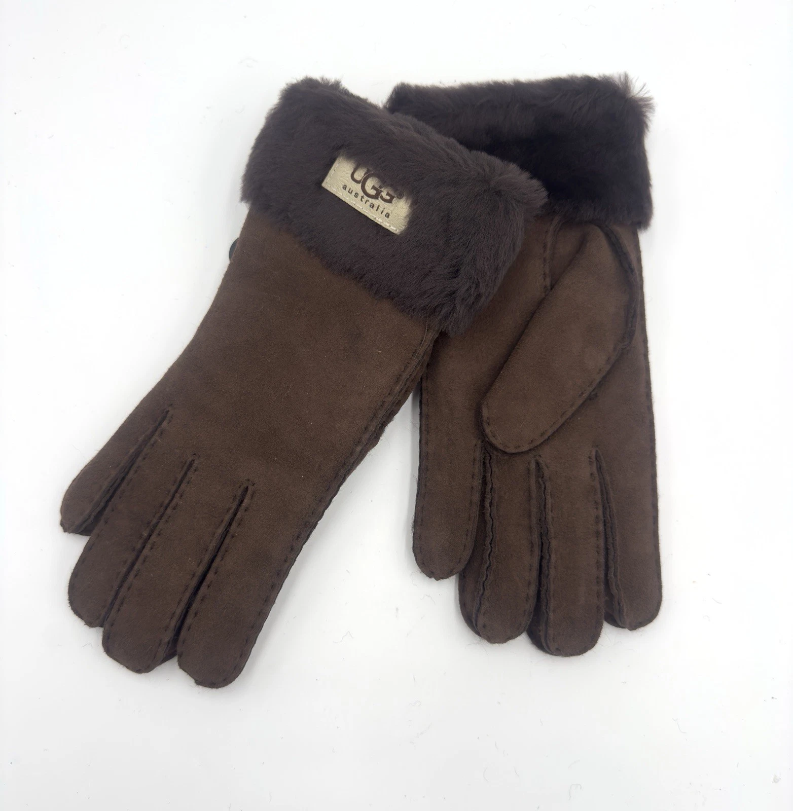Ugg Women's Turn Cuff Sheepskin Chocolate, Brown Leather Gloves Sz Small