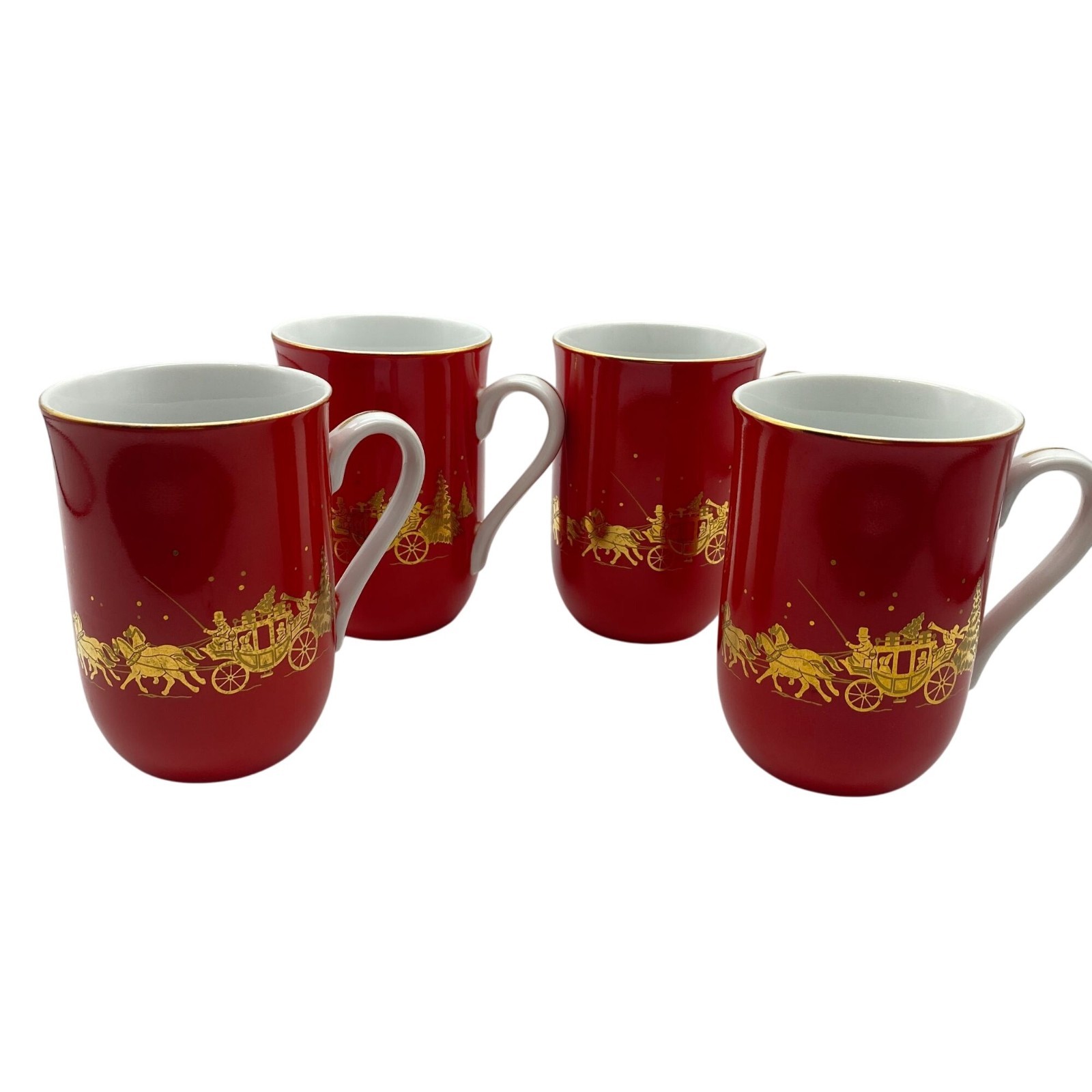 VTG Otagiri Horse and Carriage red gold coffee mug set of 4 Christmas Japan Gibs