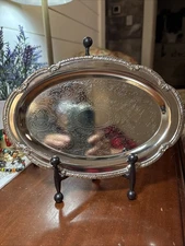Vintage Silver-plated Oval Tray, Scalloped Edge, Etched Design