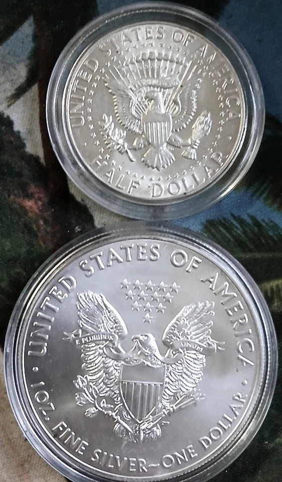 American Eagle 999 2016 dólar de plata de 1 oz y medio dólar Kennedy 1964 90 % de plata Foto 2 de 2