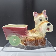 Vintage Ceramic Planter Scottish Terrier Dog Pulling Red Cart Wagon