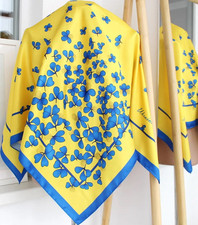 Yellow Blue Floral Print Satin Square Scarf for Women Polyester Spring Summer