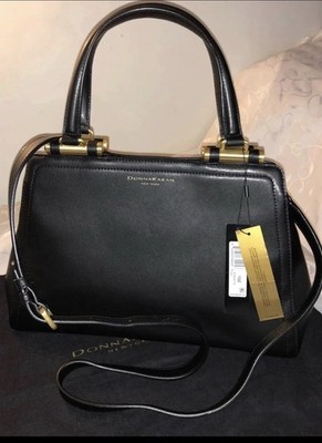 DONNA KARAN NY BAR HARDWARE SATCHEL/CROSSBODY BLACK LEATHER + DUST BAG BNWT