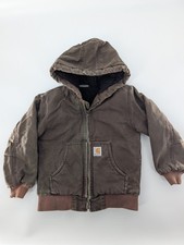 Boys Carhartt Work Duck Jacket Sz XS 6 Youth Brown Quilted Liner Hooded READ