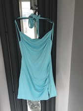 Shein Turquoise Cut Out Back Tie Neck Ruched Mini Dress Size M, Side Split