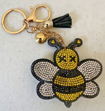 Rhinestone bee purse charm key chain gold tone black bling Sting honey bumble