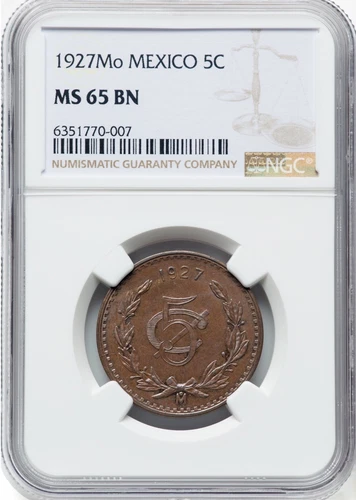 MEXICO ESTADOS UNIDOS 1927  5 CENTAVOS COIN, NGC CERTIFIED GEM UNCIRCULATED MS65