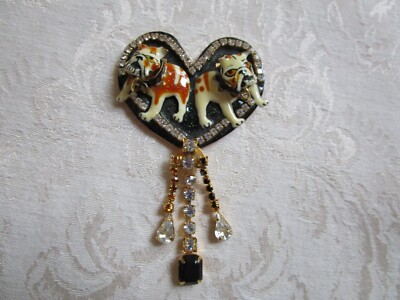 Rare Vintage Lunch At The Ritz Brooch Pendant Heart Dogs Enamel Crystals Signed