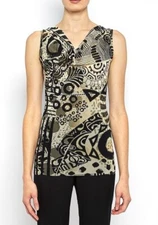 Fuzzi Tulle Mesh Abstract Zodiac Print Drape Neck Top S