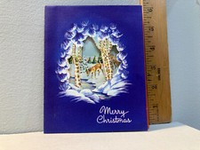 Tarjeta de Navidad De Colección Ciervo Azul Cobalto Cervatillo Ventana Tarjeta d