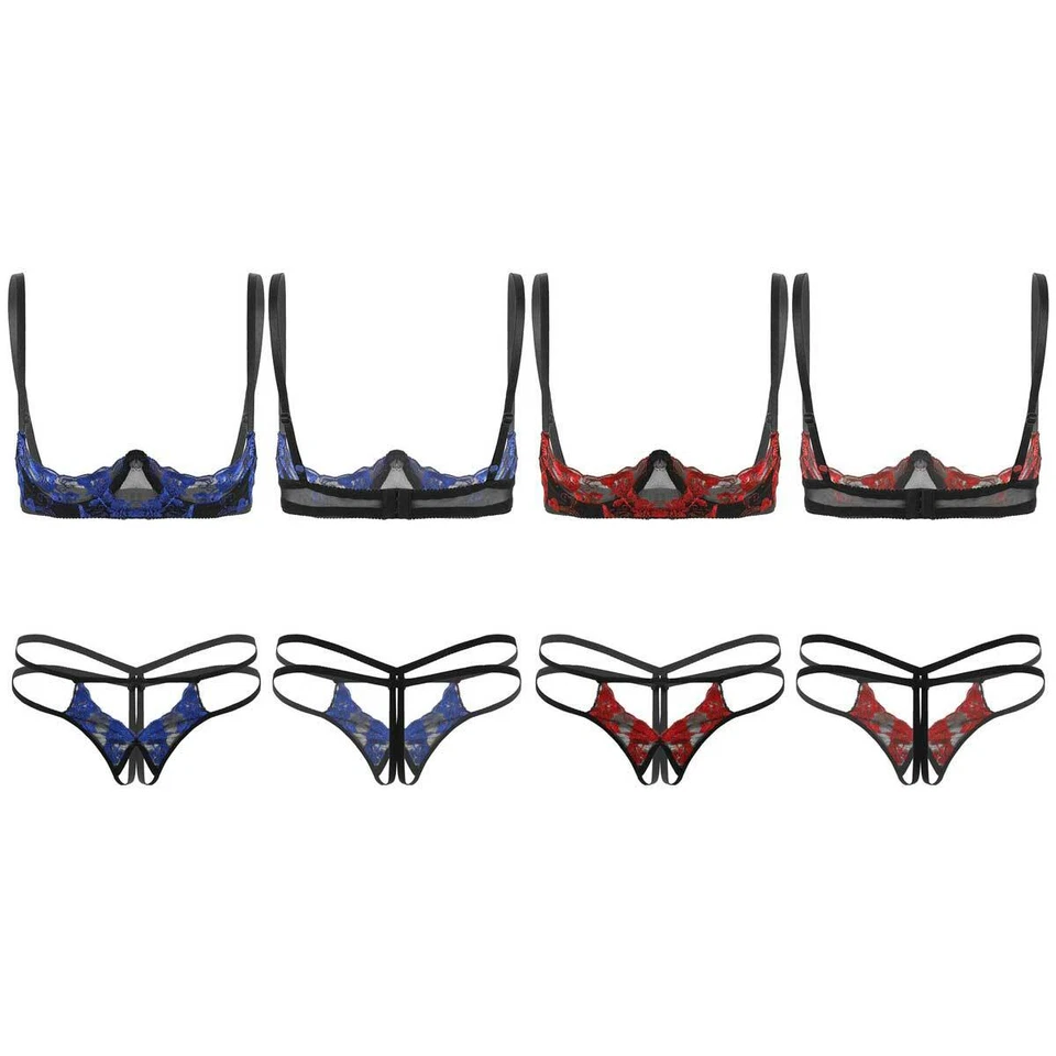 Damen Spitze Dessous Set Hebe BH mit Ouvert Slip Durchsichtige Unterwäsche Sexy - Bild 2 von 3