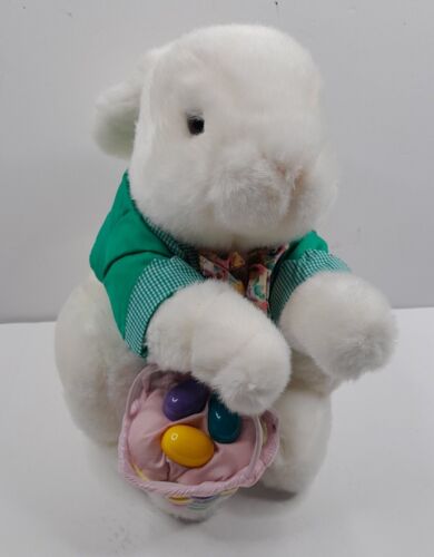 1995 Vintage White Easter Bunny Rabbit Peter Cottontail W/ Egg Basket Plush - Picture 1 of 4