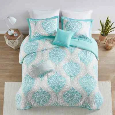 QUALITY NEW! ~ COZY CHIC MODERN LIGHT AQUA BLUE GREY STRIPE CHEVRON COMFORTER SET NEW