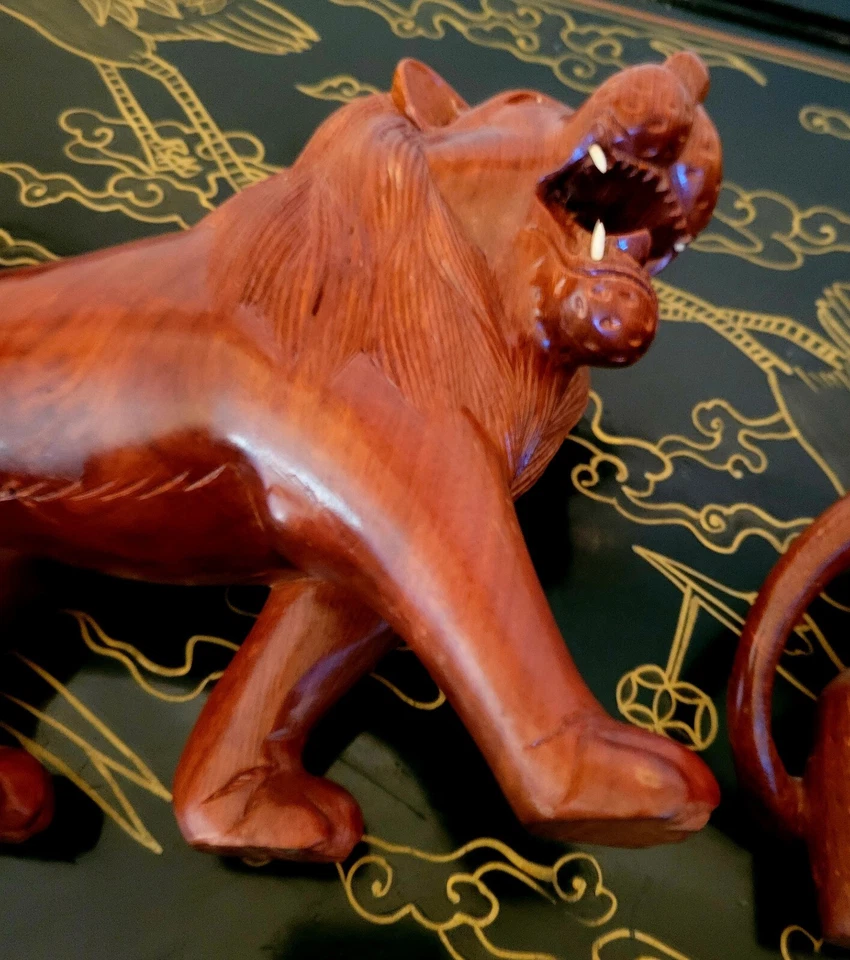 Estatua china Huanghuali madera tallada 10" 4,75 libras foo perro león par rara ¡difícil de encontrar! Foto 3 de 4