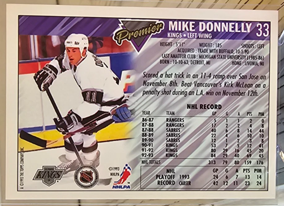 1993-94 Topps Premier Mike Donnelly #33 Los Angeles Kings - Image 2 of 2