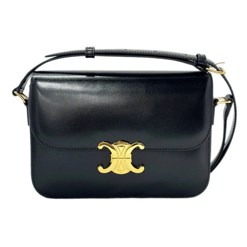 Celine Classic Triomphe Shoulder Bag Black Leather Gold Hardware 8.7x6.3x2.4 in