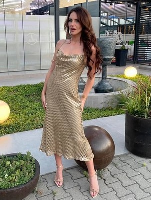 ZARA WOMAN MESH SEQUIN SLIP DRESS PARTY COCKTAIL GOLD 3527/481 SIZE S 
