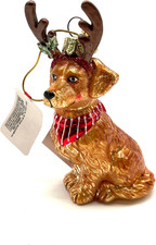 Noble Gems Golden Retriever with Antlers Glass Ornament