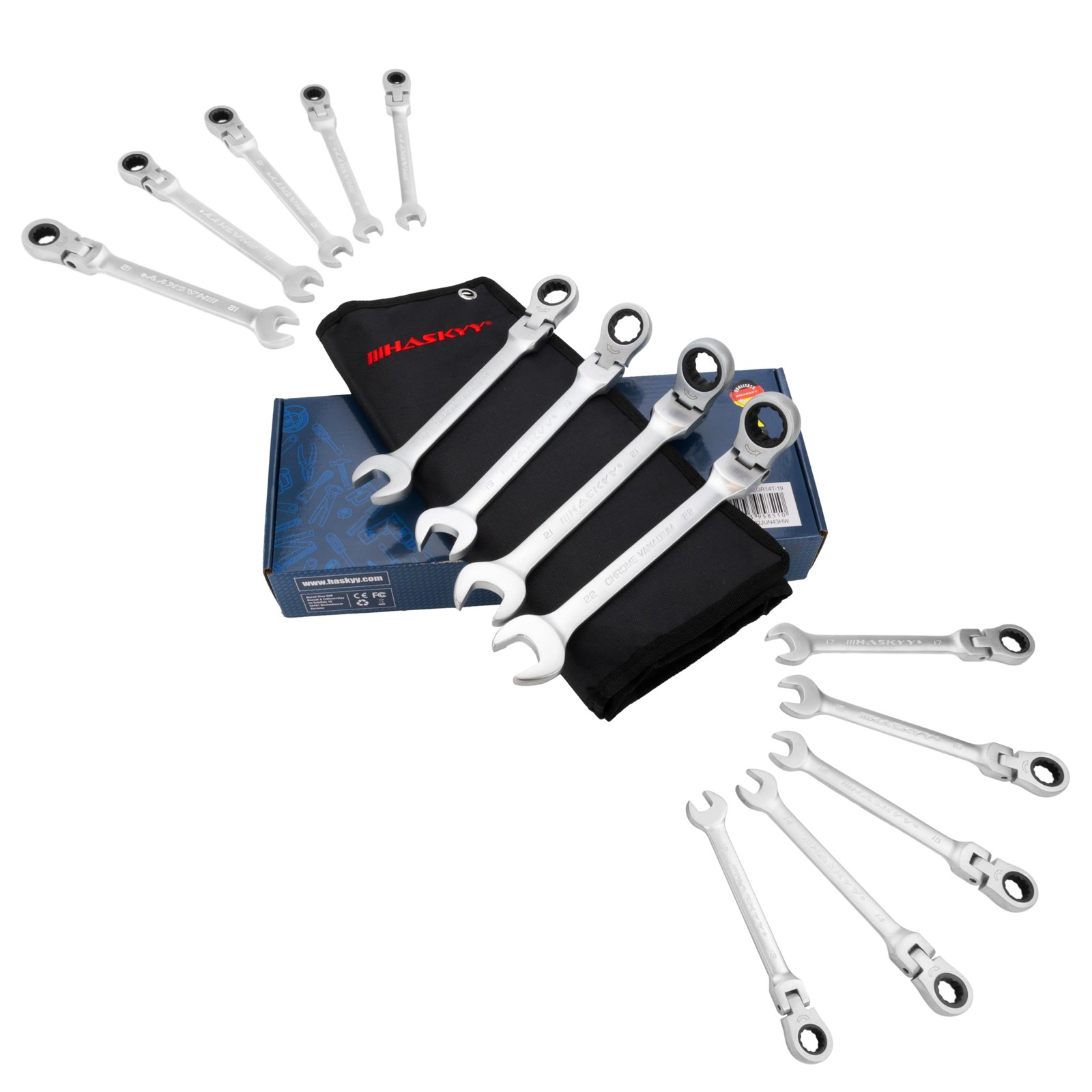 Set Chiavi Combinate Cricchetto Snodate 14 Pezzi 8-22 Mm Testa Flessibile 180° U - Miniatura 16