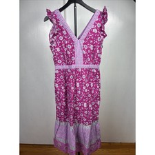 Loft Size 4 Pink Floral Midi Dress Lined Ruffle Sleeveless Zip Back Women's