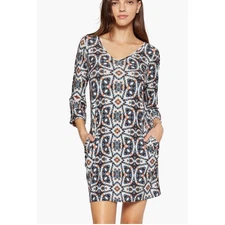 Viereck Medium Lyfie in Lunch Sheath Mini Dress Blue Orange Geometric Belted