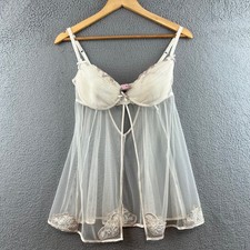 Victoria's Secret Cream Mesh Babydoll Chemise Lingerie 36C Underwire Lace Trim