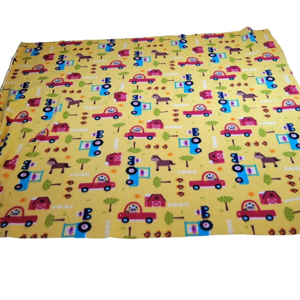 Fleece Fabric 36x43" Farm Trucks Barn Animals Tractors Yellow Sewing Piece - Image 2 of 4