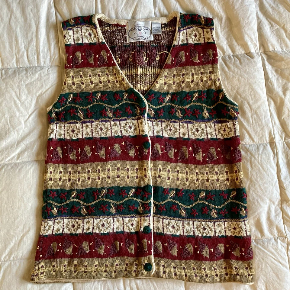 De Colección 1995 Ojo de Águila Tejido Botón Suéter Chaleco Cuello en V Mujeres M Bellota Otoño Rojo Verde Foto 2 de 4