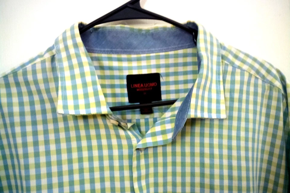 Linea Uomo Shirt Mens 3X Green Blue Plaid Short Sleeve Button Up Preppy #33631 - Image 3 of 4