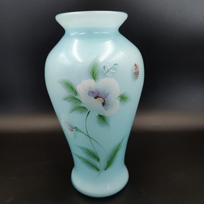 Gorgeous Fenton Blue Topaz Overlay Vase HandPainted Artist Signed C Hardman READ