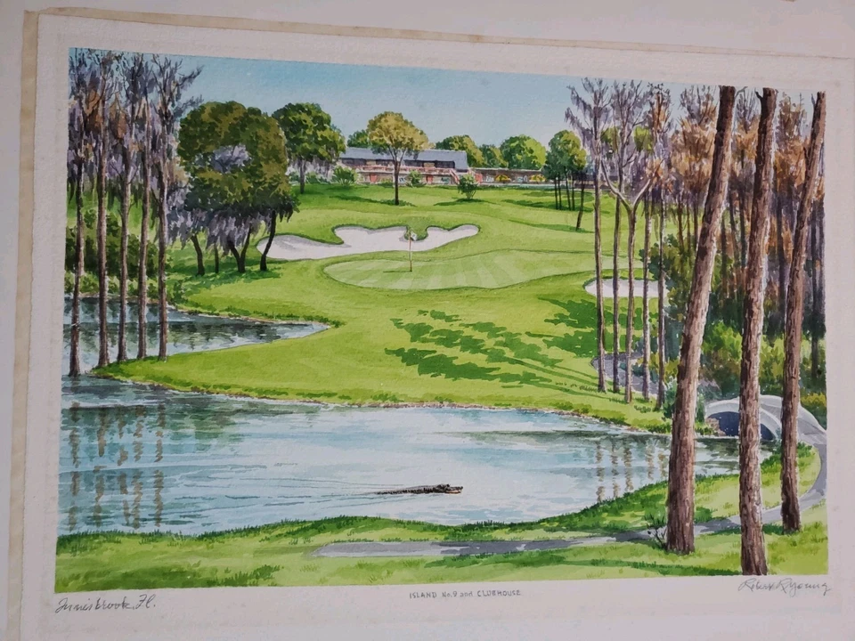 Винтажное оригинальное акварельное поле для гольфа с автографом Robert R. Young «Island No.9»  - Изображение 2 из 4