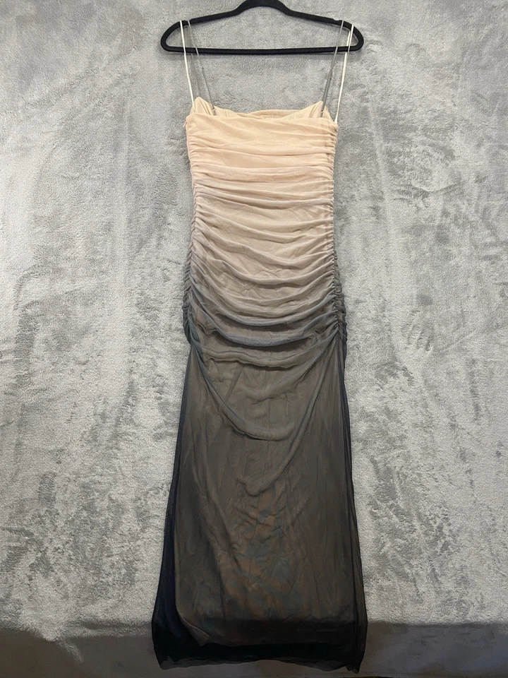 Zara 连衣裙女式超小号米色灰色长袍网眼衬里皱褶紧身 — 第 2/4 张图片