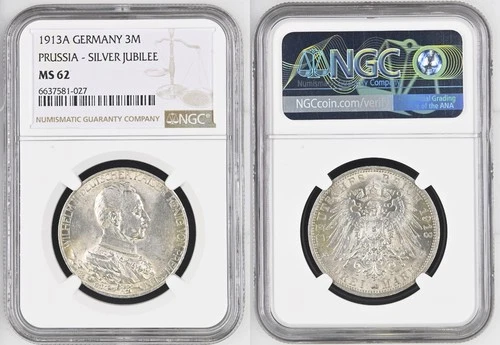 1913, Prussia, Wilhelm II. Silver 3 Mark "25th Regnal Anniv." Coin. NGC MS-62!