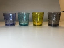 Set Of 4 Libbey Lowball Whiskey Crinkle Glass Tumblers Blue Teal Yellow Gray VTG