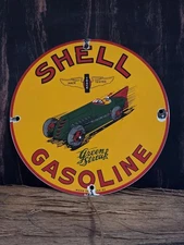 VINTAGE SHELL GASOLINE GREEN STREAK  PORCELAIN SIGN RACE CAR MOTOR OIL  10"