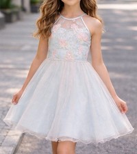Girls Size 16 Floral Embroidered Halter Neckline Rhinestone waist Tulle Dress