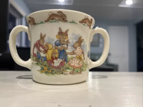 Royal Doulton Bunnykins Child’s 2-Handle Cup Mug Bunny Party 1936 Bone China~EUC