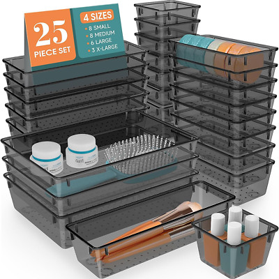 25-PC Plastic Desk Drawer Organizer Set, Makeup Jewelry Kitchen Bathroom (BLACK)