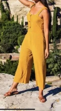 J For Justify Women’s Mustard Jumpsuit Sz S Pockets Adjustable Straps Boho Linen