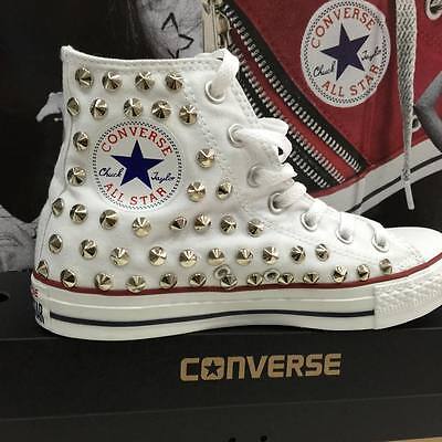 Converse Bianche Alte personalizzate con borchie Argento clean no logo |  eBay