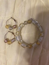 Yellow & Clear Silver-Lined Glass Beaded Bracelet & Earring Set